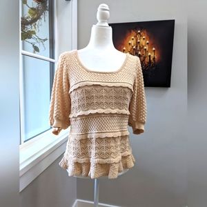 Boston Proper Crochet detail Puff Sleeve Sweater, ecru size small